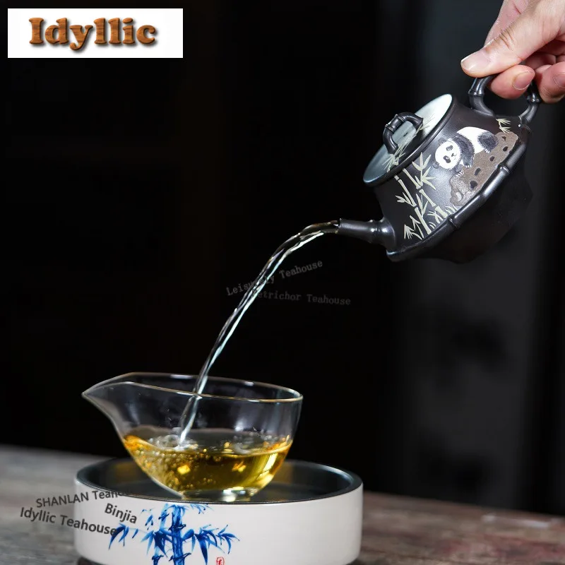 300ml Yixing Purple Clay Teapots Handmade Panda Bamboo Joint Pot Raw Ore Stone Yellow Mud Kettle Zisha Tea Set Supplies Gift