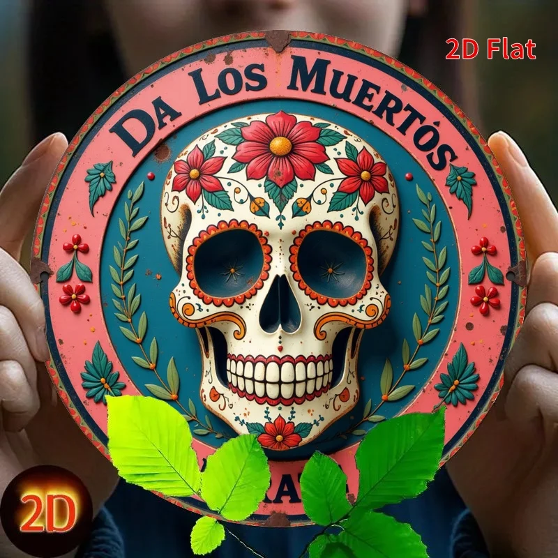 Vintage Day of the Dead Skull and Flowers Metal Wall Art - 20x20cm Durable Iron Sign with 