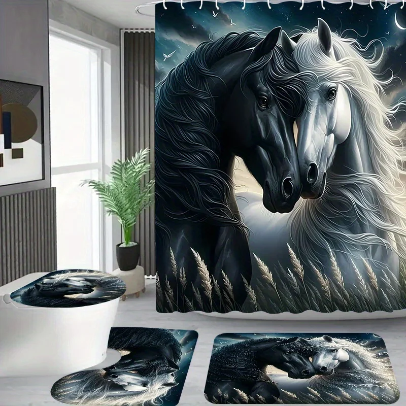 

4pcs Couple Black and White Horse Pattern, Apartment Bathroom, Shower Curtain, Hotel Curtain Set, with 12 Hooks, Bathroom Ma