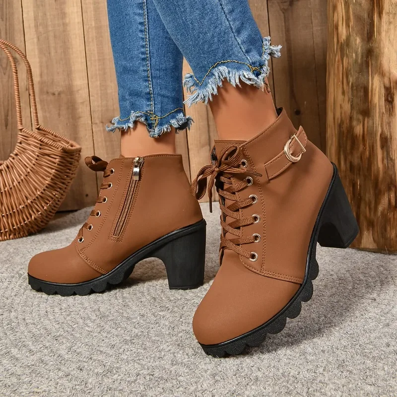 2024Women Shoes Women Fashion High Heel Lace Up Ankle Boots Ladies Buckle Platform Artificial Leather Shoes Bota Feminina