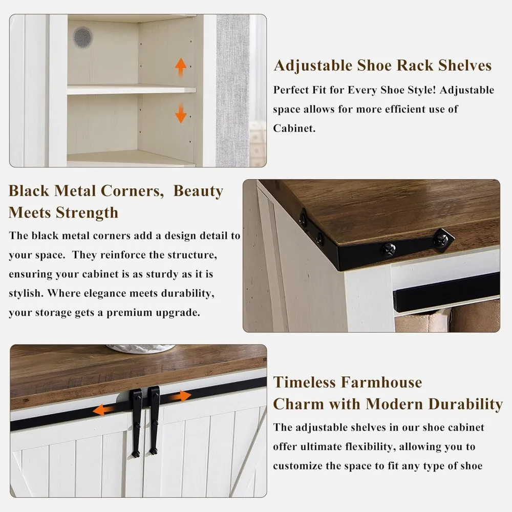 7-Tier 62" Tall Farmhouse Style Shoe Storage Cabinet with Sliding Doors and Rustic Hidden Rack for Entryway