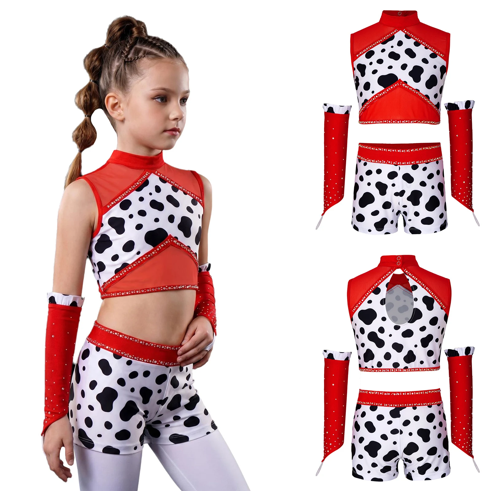 Girls Sparkly Figure Skating Gymnastics Jazz 2 Piece Crop Top Shorts Oversleeves Set Stretchy Lightweight for Stage Competition