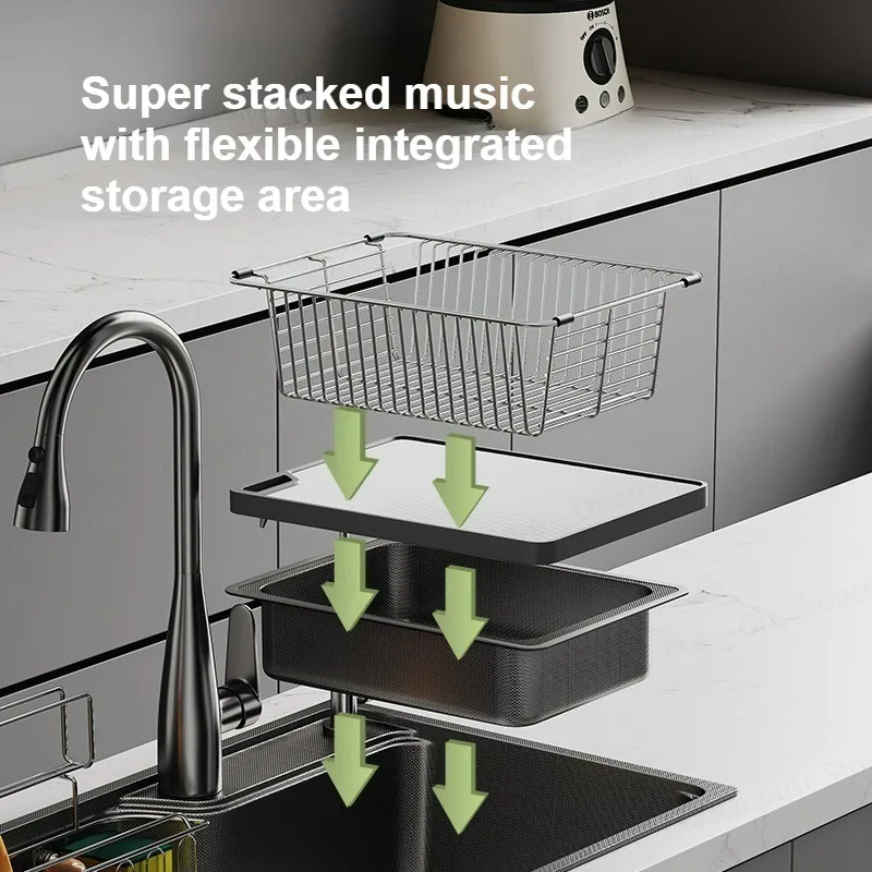 Nano Kitchen Sink Small Rice Grain Embossed Stainless Steel Equipped with Digital Faucet Grey/Silver Large Single Sink Sink