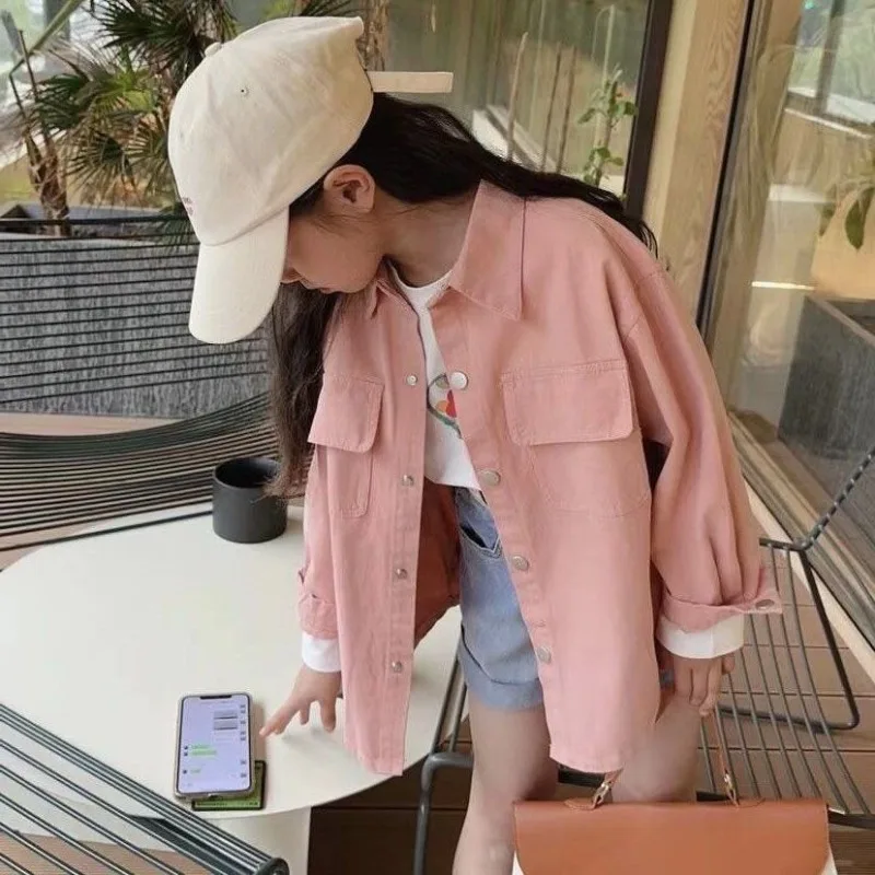 2025 Autumn New Girl's Shirt Jacket Korean Style Long Sleeve Casual Loose Outerwear Top for Big Kids Tween Girls