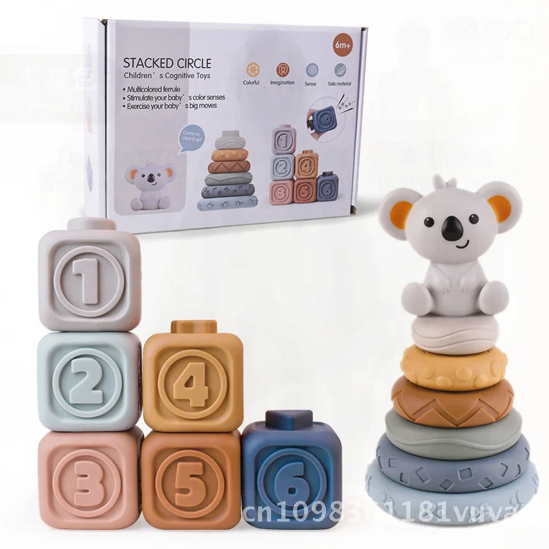 Weiche Bausteine für Kleinkinder, Koala, Spielzeug, kognitive Entwicklung, Gummi-Relief, quadratisches Puzzle, Musik, interaktiv, stapelbar, für Kinder im Alter von 0–3 Jahren