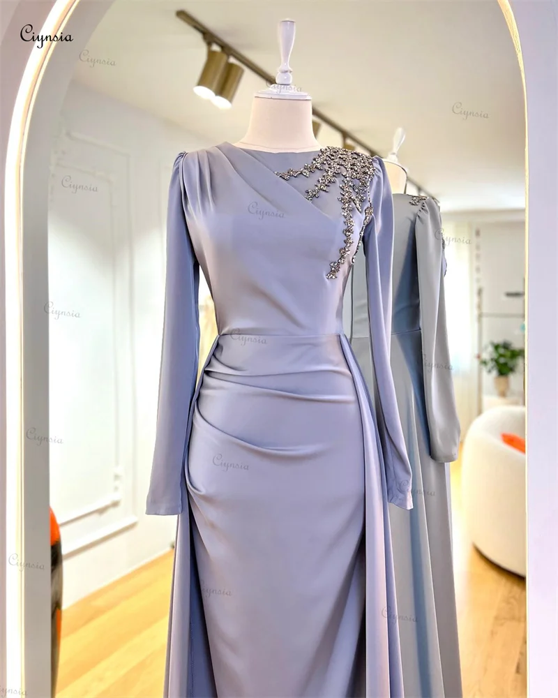 Ciynsia Elegant Muslim Formal Occasion Dresses for Women Champagne Satin Beaded Long Sleeve Evening Gown Mermaid Robes De Soirée