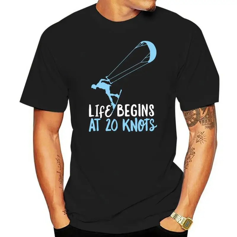 Men Kitesurfing T-Shirt Life Begins 20 Knots Kiteboard T Shirt Designing Tee Shirt O Neck Slim Interesting Building Shirt