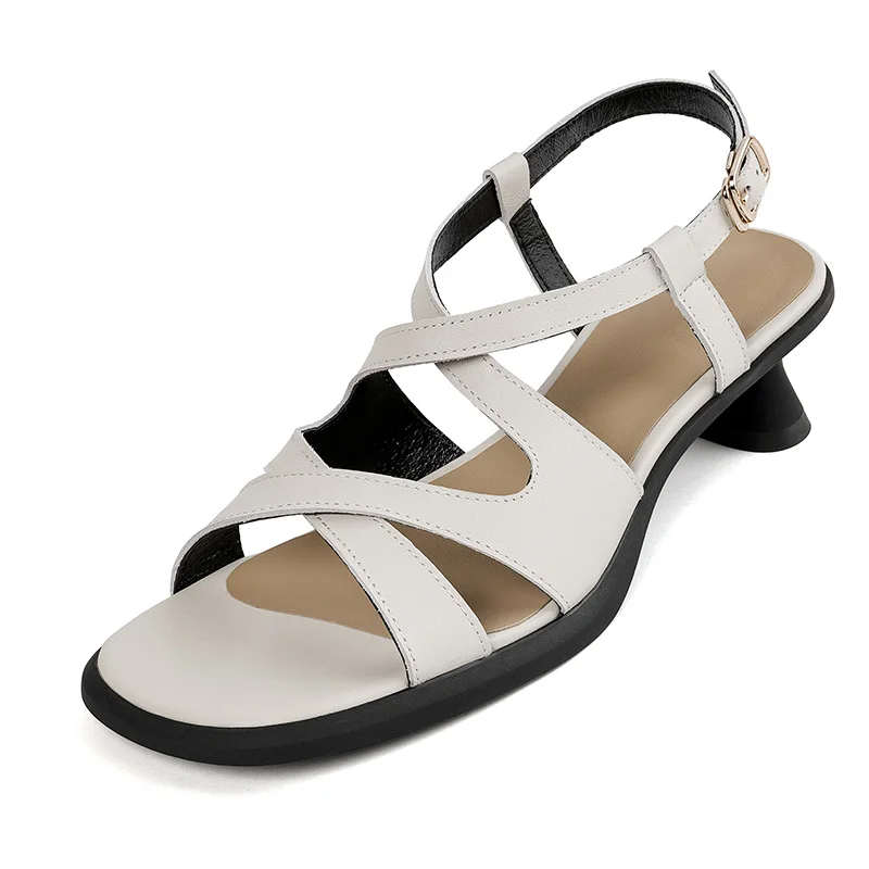 

Genuine Leather 4cm Heeled Sandals Summer Ankle Strap Buckle Sandal Classic Beige Black Ladies Strange Heel Open Toe Party Shoes