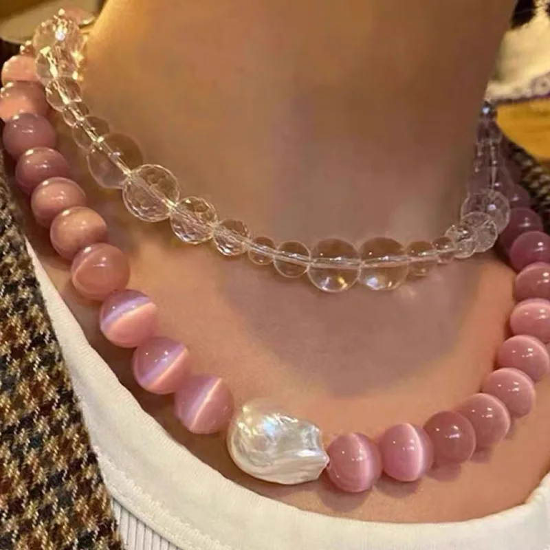 

Versatile Daily Wearring Irregular Freshwater Pearl Necklace Cat Eye Beads Strand Short Fashion Necklace Clavicle Chain Unisex
