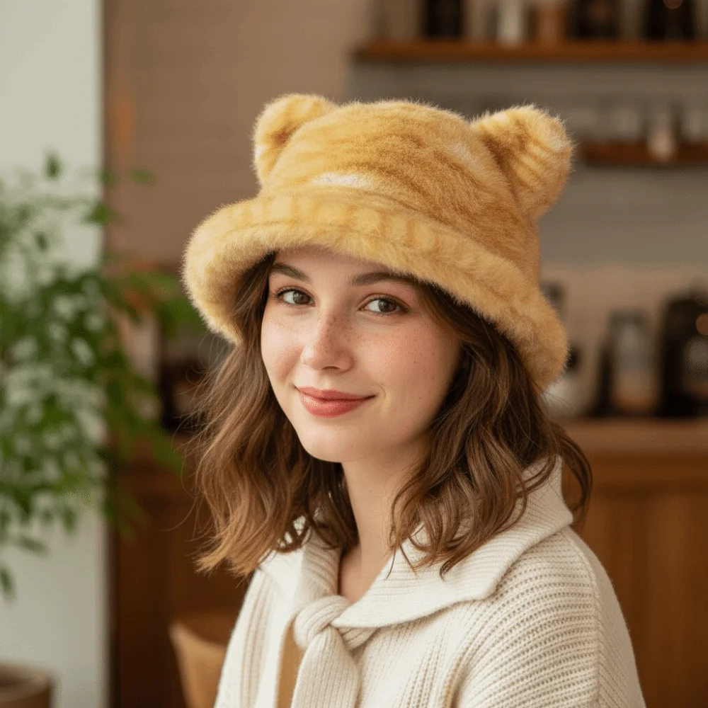 Cute Fluffy Fur Leopard Hat Keep Warm Tiger Pattern Beanie Cap Bear Ear Ear Protection Hats Winter