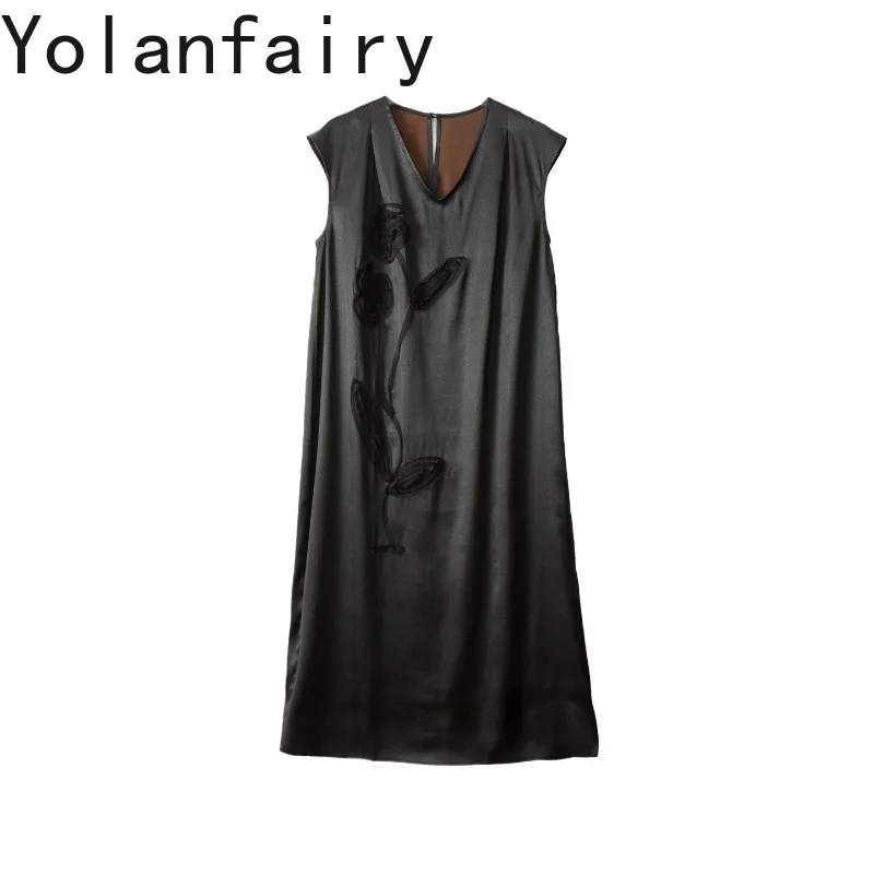 YOLANFAIRY Women 100% Mulberry Gambiered Silk Liangchou Dress 3D Cut Jacquard V Neck Loose Straight Sleeveless Silk Slip Dresses