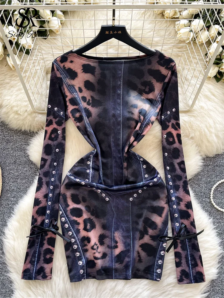 SINGREINY Fashion Chic Sexy Dress O Neck Long Sleeves Leopard Tie Dye Design Female American Retro Autumn Bodycon Short Dress