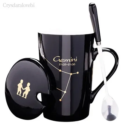 Ceramic Mugs 12 Constellations Creative Mugs With Spoon Lid Black Mug Porcelain Zodiac Milk Coffee Cup Drinkware Couples Gift