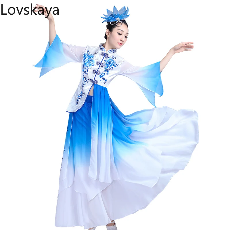 Chinese wind umbrella dance blue and white porcelain dance clothing Classical dance costumes new adult