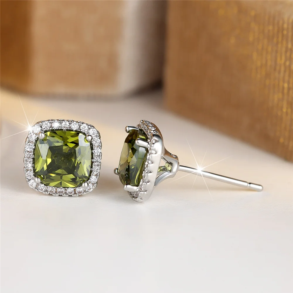 Cute Female Olive Green Zircon Stone Stud Earrings Vintage Silver Color Wedding Party Gift Jewelry For Women