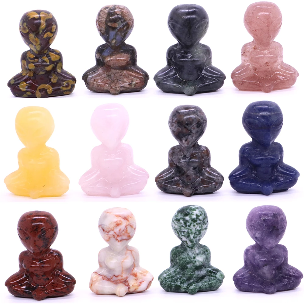 

40mm Yoga Alien Statue Natural Healing Stone Crystal Carved Abstract Art Crafts Meditation Figurine Room Bedroom Decoration Gift