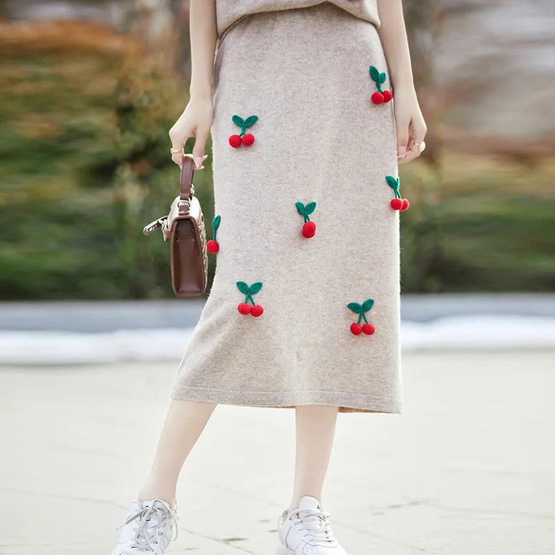 High-End Pure Wool Sweater Short Sleeve Skirt Women\'s Set Korean Version Kawaii Cherry Jumper + Skirt Spring Knit Two-Piece Set