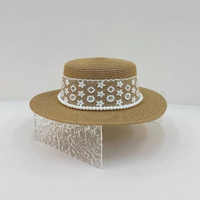 

French Style Elegant Embroidered Lace Pearl Straw Hat Xiao Xiang Feng Flat Top Hat Fashionable Outdoor Beach Vacation Sun Hat
