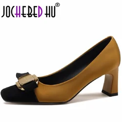 【JOCHEBED HU】Shallow Genuine Leather Flat Women Shoes Square Top Ladies Luxury Fashion Party Shoes Slip On Footwear