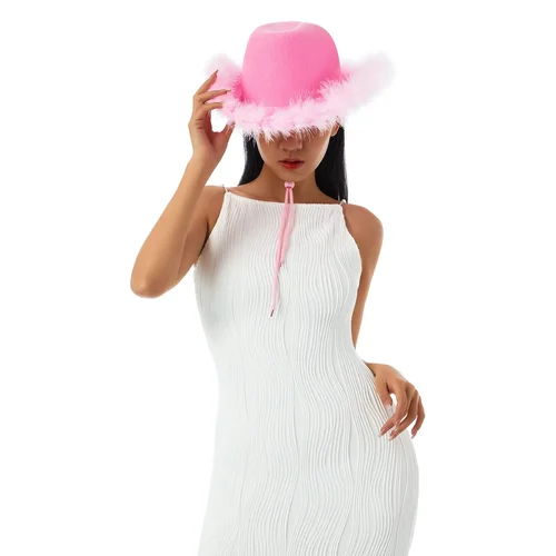 Imagen 2 del producto Sombrero de vaquero para mujer, sombrero de ala ancha con ribete peludo de color sólido para adultos, gorra femenina para fiesta de citas