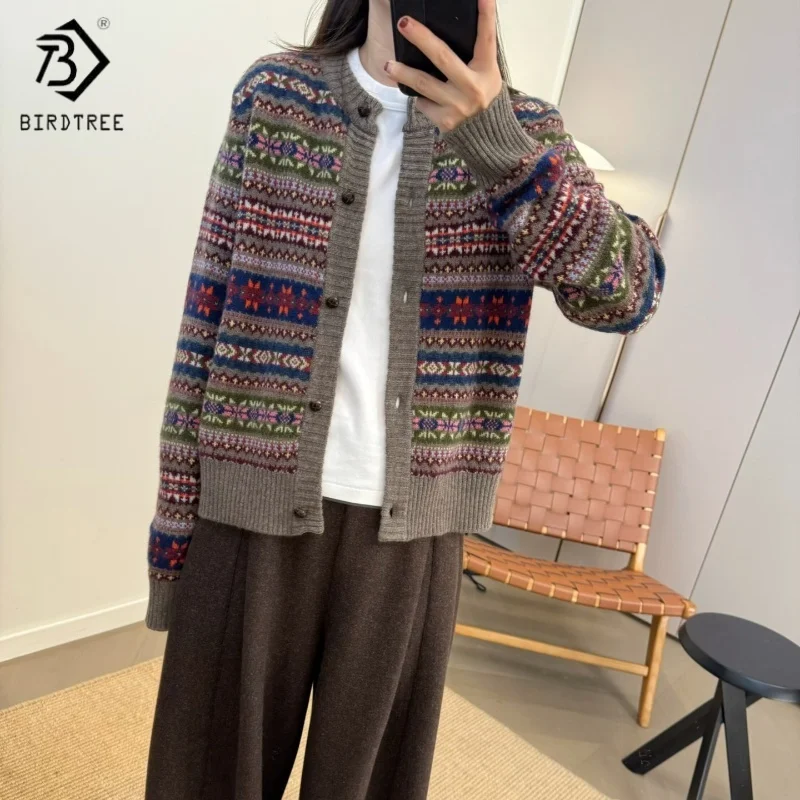 

Birdtree, вязаный кардиган в стиле ретро из 100% овечьей шерсти, женский однобортный трикотаж в полоску с круглым вырезом, осенне-зимний свитер 2025 T5O532JF