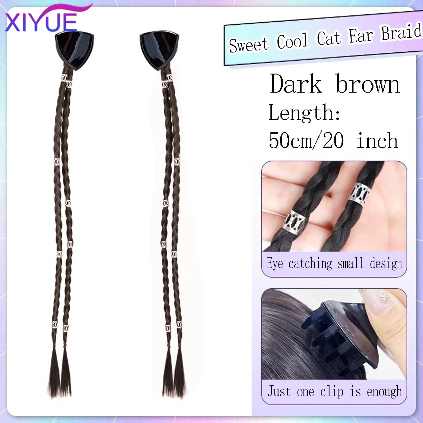 20 Inch Medium Long Claw In Clip Braided Ponytail With Cute Cat Ear Clip And Hair Decorations For Girls,Ponytail Beginner Freien