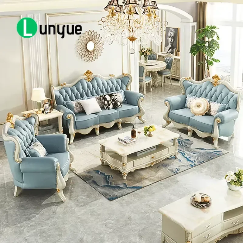 European Leather Sofa Set Solid Wood Frame Sponge Filled Luxury Design for Apartment Living Room Hotel Villa Comfortable