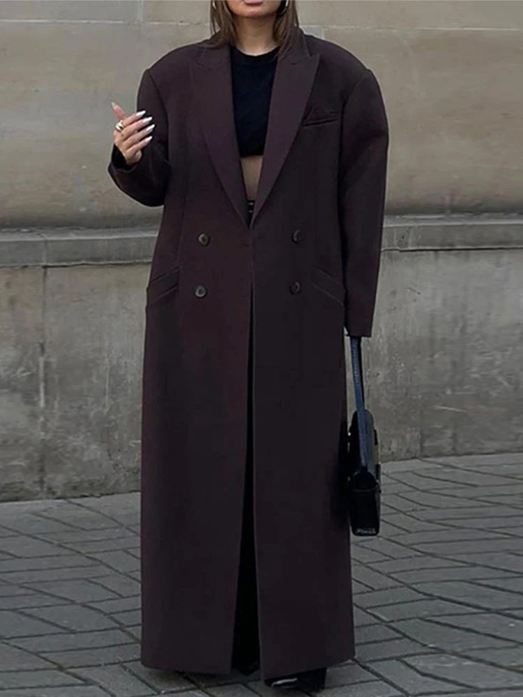 Manteau long en laine à double boutonnage rétro pour femme, revers monochrome épais, vêtements d'extérieur décontractés pour femme, combinaison maxi chic, automne et hiver