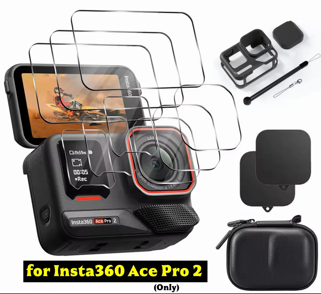 

For Insta360 Ace Pro 2(Only)Screen Protector Silicone CaseTempered Glass Film Lens Cover Cap Mini Bag Case