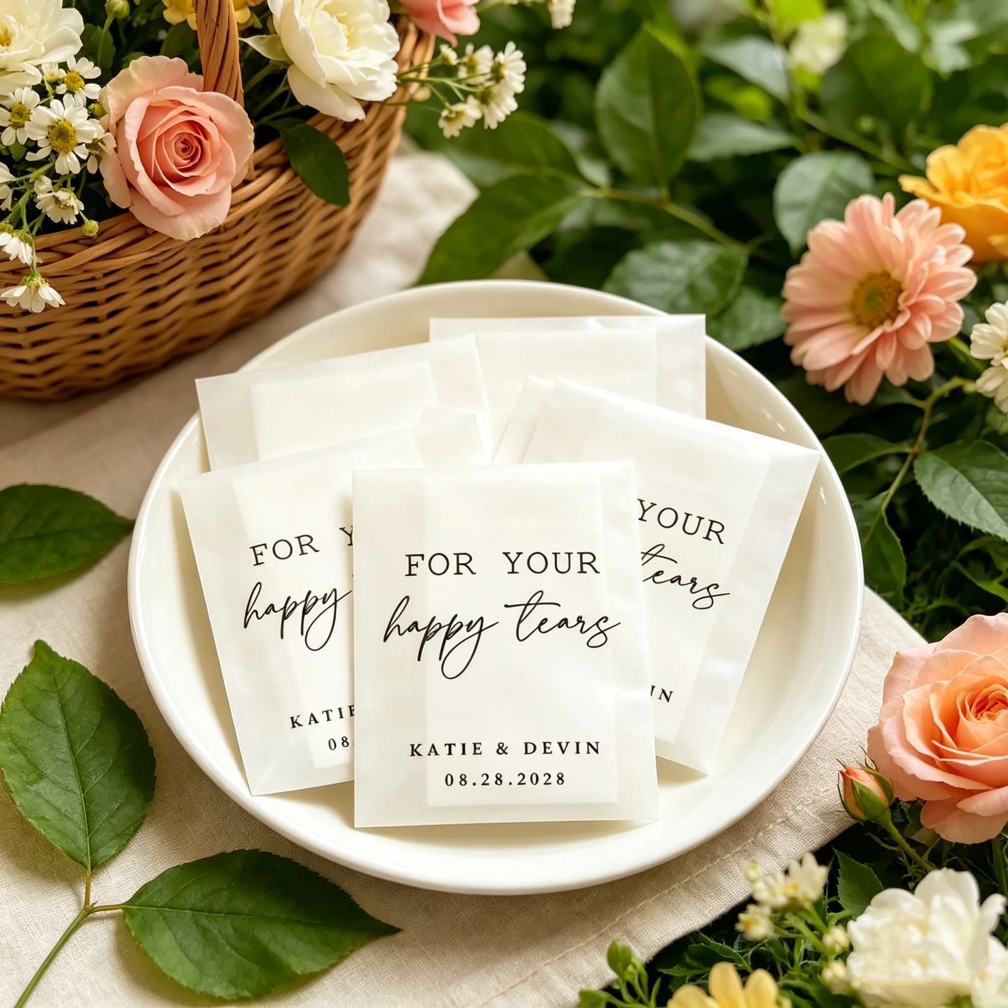 Minimalist Custom Happy Tears Wedding Pocket Tissues Personalized Names Date Mini Tissue Packs Elegant Wedding Guest Favors For