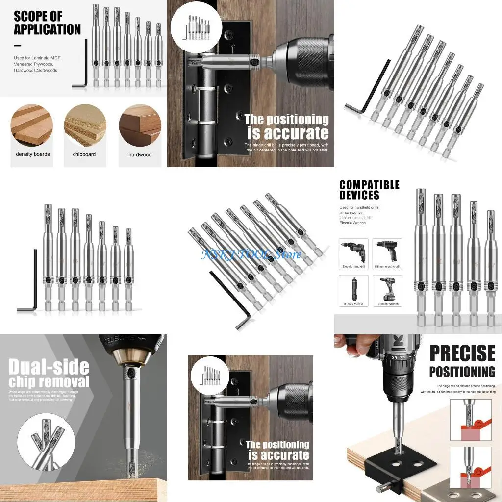 

L8RC 7Pcs Automatic Center Drill Bit Set Steel Drill Bit for Woodworking Cabinetry