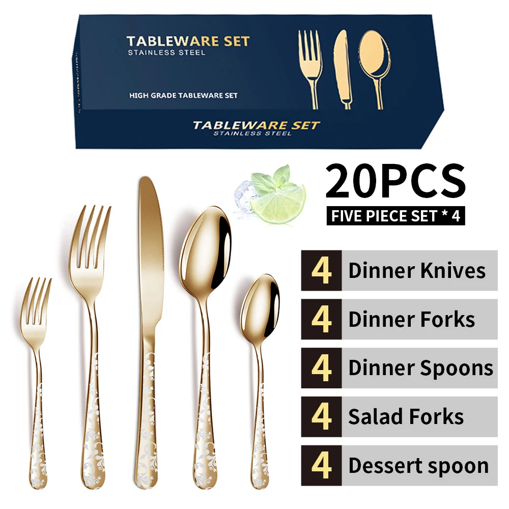 20PCS Stainless Steel Silverware Set Mirror-Polished Cutlery Flatware Set 4 Knives 4 Forks 4 Spoons 4 Tea Forks 4 Teaspoons