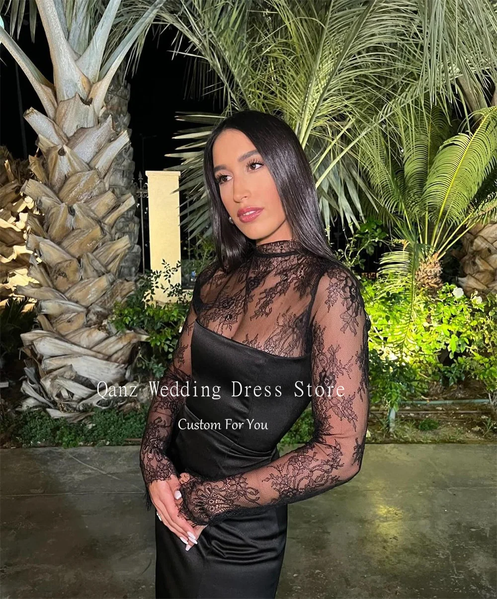 Qanz Black Long Sleeves Evening Dresses O Neck Satin Mermaid Lace Sexy Vestidos De Noche See Through Illusion Party Dress Night