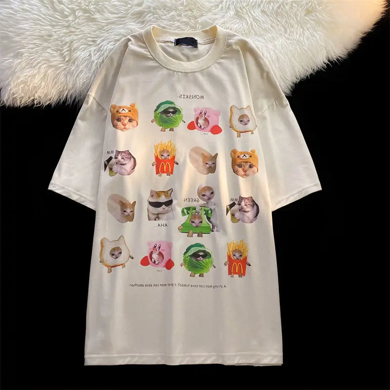 American Fashion Cartoon Cat Short Sleeve T Shirts Cotton Material Oversized Y2K Top Women Casual Summer Harajuku Kawaii Clothes