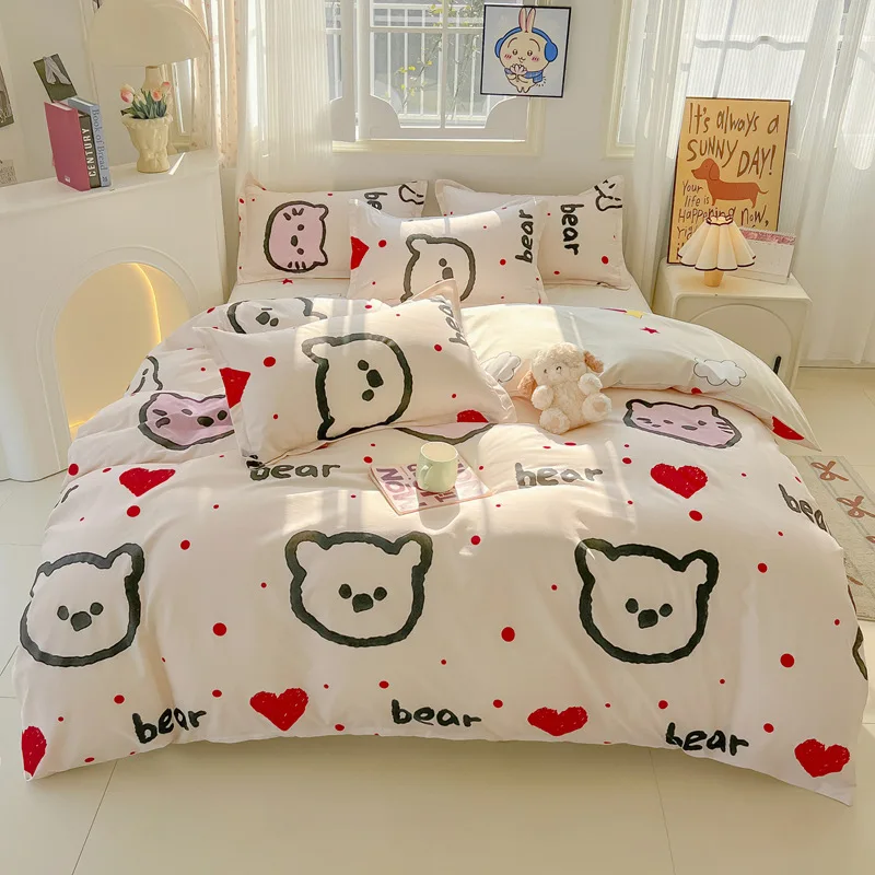 

4 Pcs Cute Cartoon Printed Bedding Sets Skin-Friendly Brushed Bedclothes for Single Double Soft Quilt Cover Kit for All Seasons