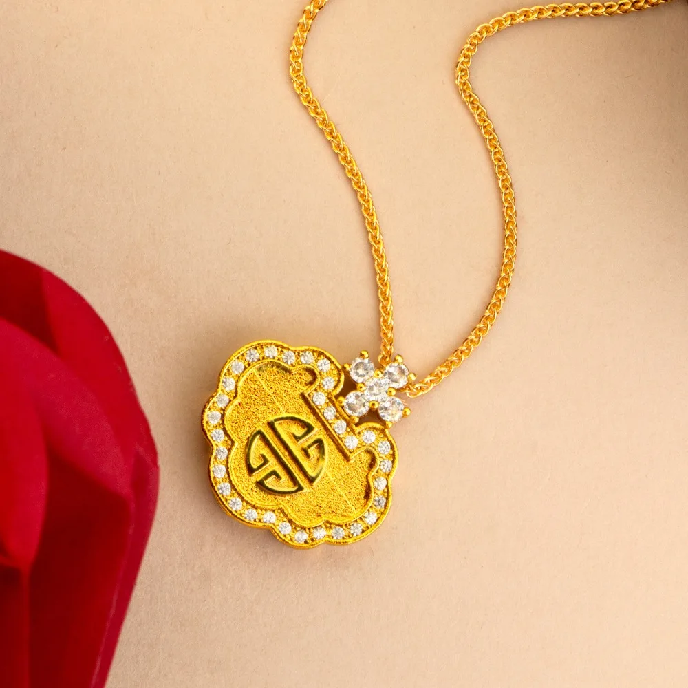 Point drill Ruyi Fu word lock pendant female style retro all match necklace pendant 9999gold