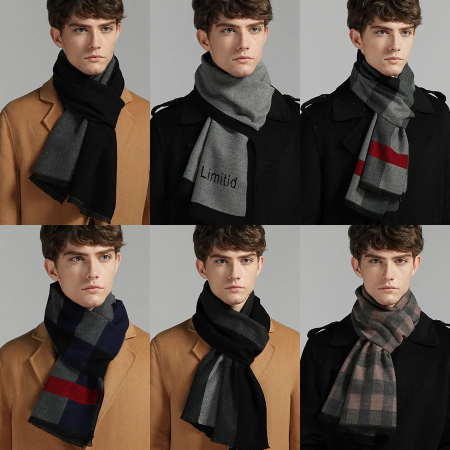 

New men's casual scarf for autumn and winter, simple plaid solid color warm scarf style