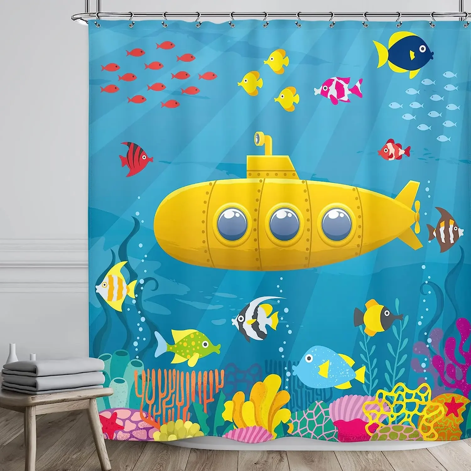 Kids Shower Curtain Bathroom Decor Cartoon Yellow Submarine Ocean Underwater Fish Sea Coral Reef Coloured Fabric Bath Curtains