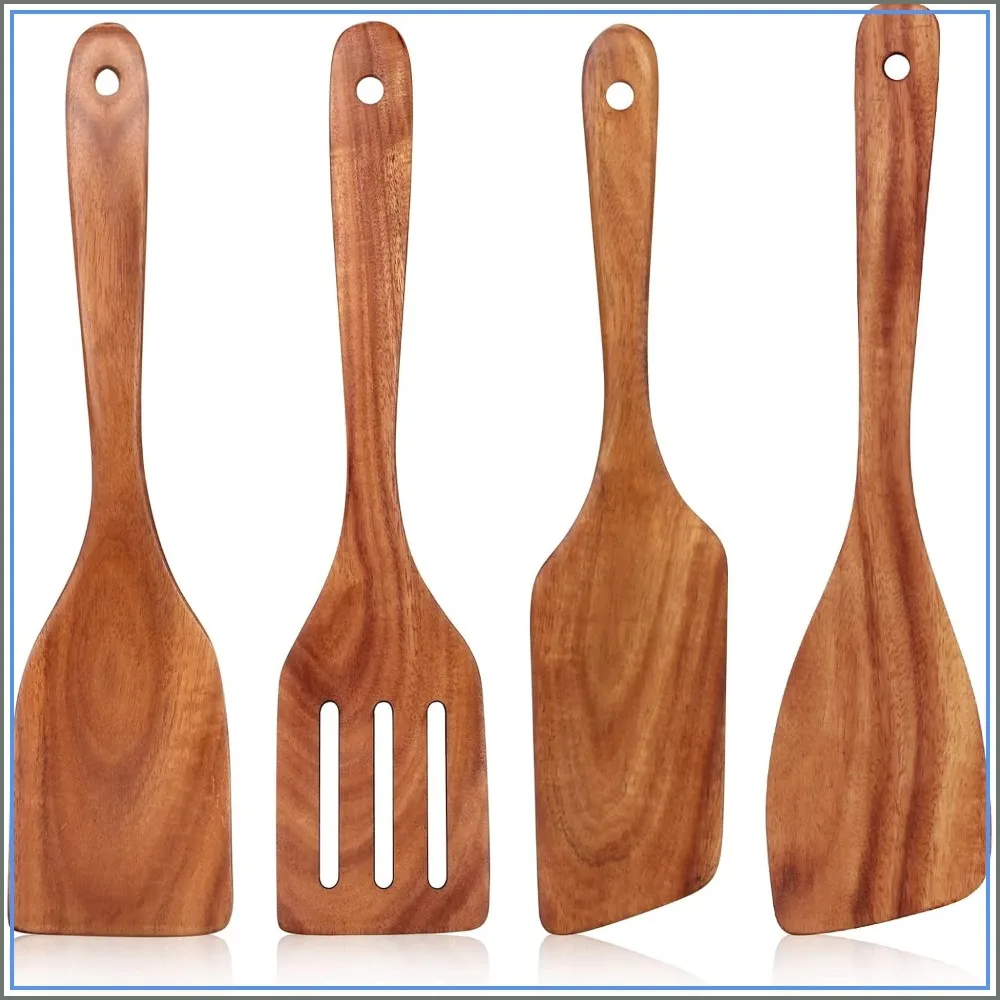 Wooden Spatula Set for Cooking Teak Utensils with Slotted Turner and Scraper for Non-Stick Cookware