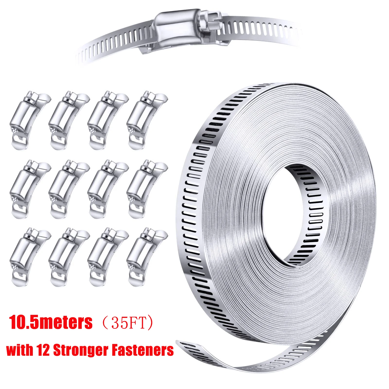 304 Stainless Steel 10.5M Hose Clamp Strap with 12 Fasteners Worm Clamp Adjustable Worm Gear Pipe Ducting Hose Clamp 34.4 Feet