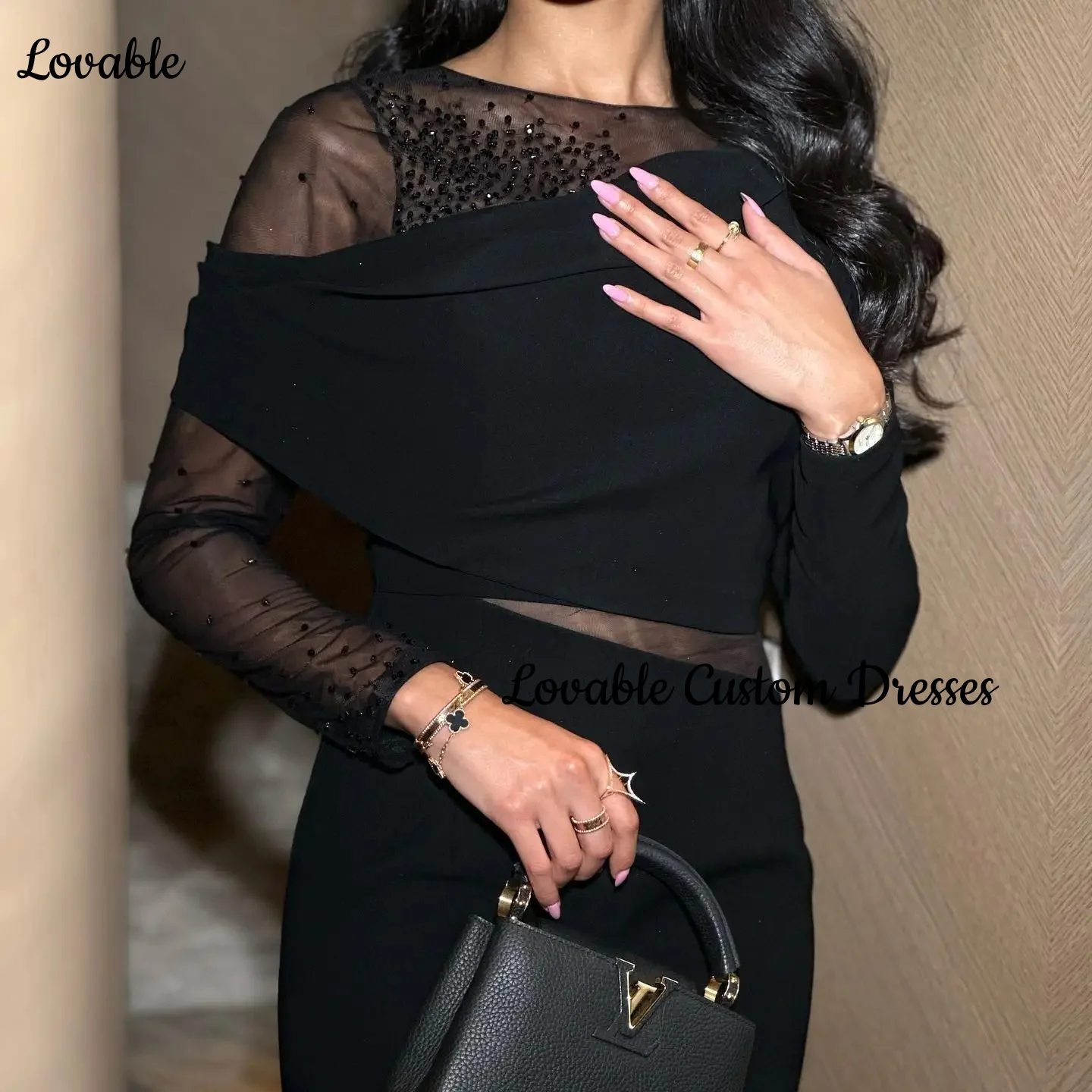 Customized فساتين سهرة A-Line Scoop Neckline Floor-Length Beadings Luxury Evening Dresses Zipper Up Long Sleeves Dresses