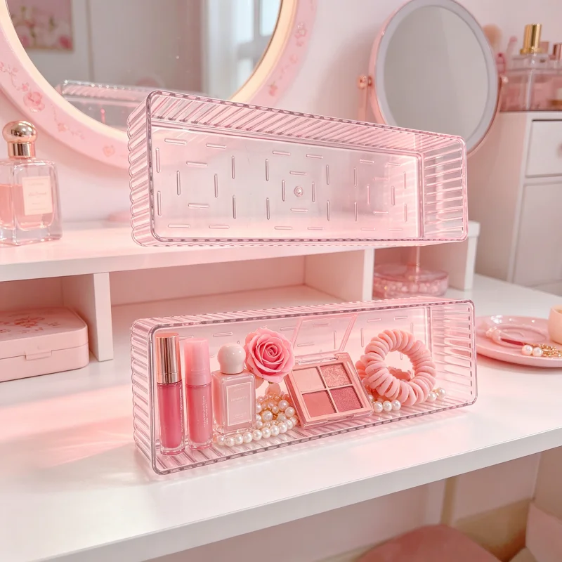 16-Piece Multi-Specification Transparent Vertical-Striped Beauty Storage Rack, Stackable Drawer-Style Cosmetic Storage Box, Waterproof Bathroom Accessory Storage Rack, Suitable for Bathroom Countertops, Dressing Tables, Cabinet Drawers, Can Store Skincare Bottles, Makeup Brushes, Hair Accessories, Jewelry, Desktop Cosmetics Storage Containers
