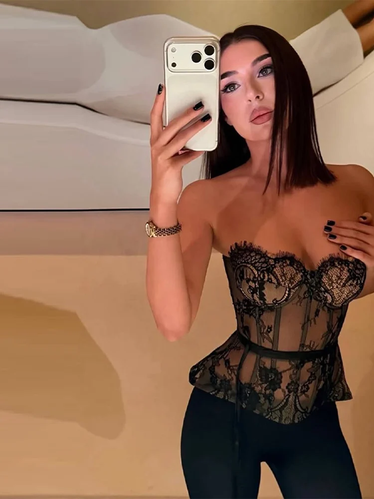 Sexy Women's Lace Fishbone Bandage Vest Black Slim Strapless Backless Female Corset 2026 Spring Summer Lady Beach Party Top New - view 6