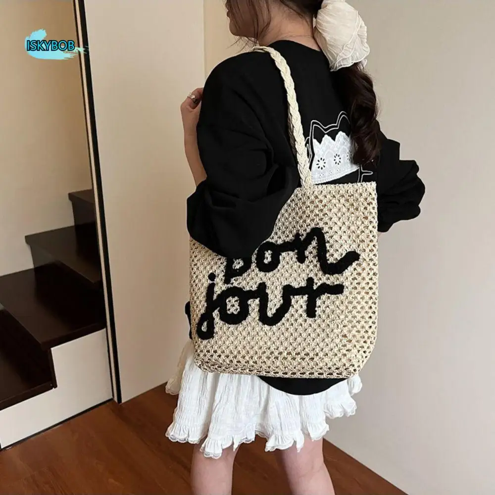 

Sweet Large Capacity Weave Tote Bag Fashion Simple Bohemian Shoulder Bag Shopping Bag Handbag Summer Beach Straw Handbag Summer