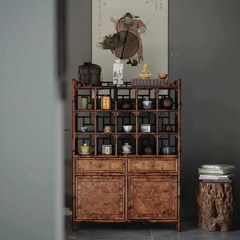 Bamboo Display Cabinet Ming Style Curio Shelf Tea Set Storage Rack Classical Furniture Organizer