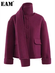 [EAM] Purple With Scarf Big Size Short Woolen Coat New O-neck Long Sleeve Women Jacket Fashion Tide Autumn Winter 2024 CPG2171