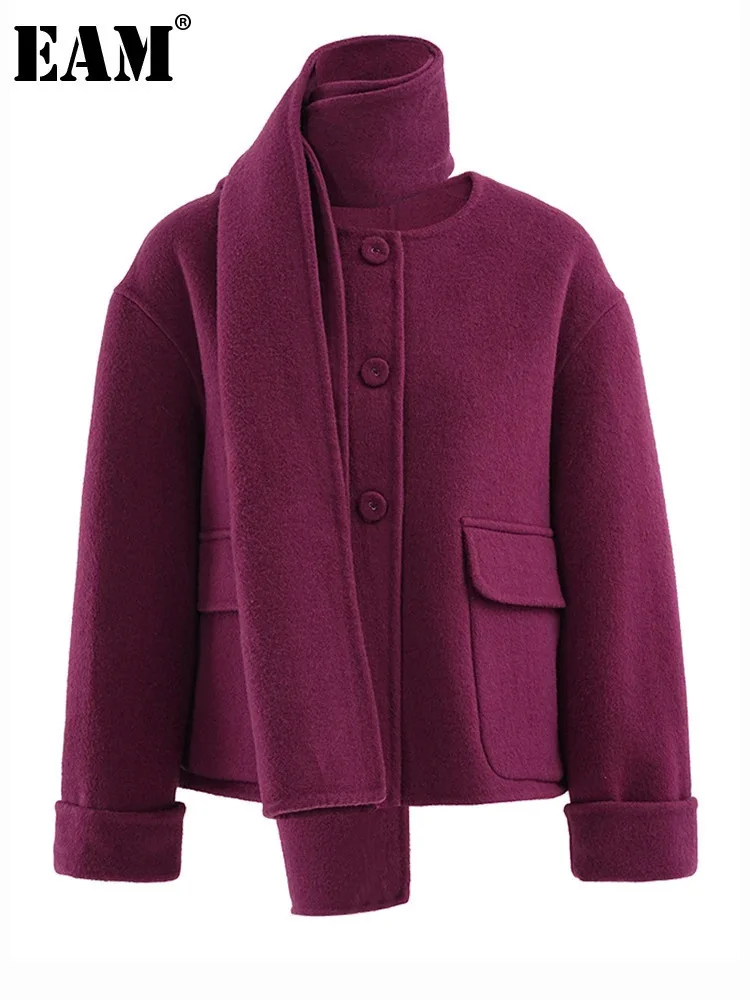 [EAM] Purple With Scarf Big Size Short Woolen Coat New O-neck Long Sleeve Women Jacket Fashion Tide Autumn Winter 2025 CPG2171