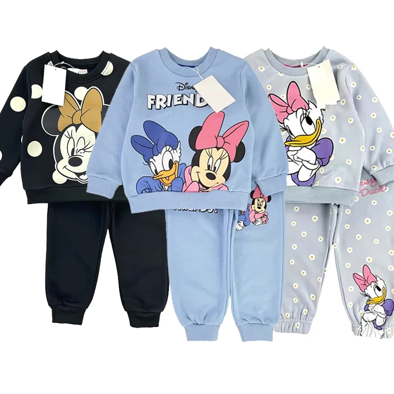 Disney Girls Cartoon Cute Set Fall Mom Kids Casual Minnie Mouse Clothes Winter Baby Girl Toddler Cotton Velvet Sets Outfits