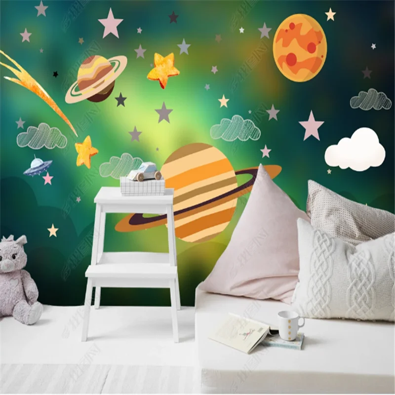 

Space Planet Spaceship Murals Wallpaper for Kids Room Cartoon Children's Room Bedroom Background Mural Wall Paper Home Decor