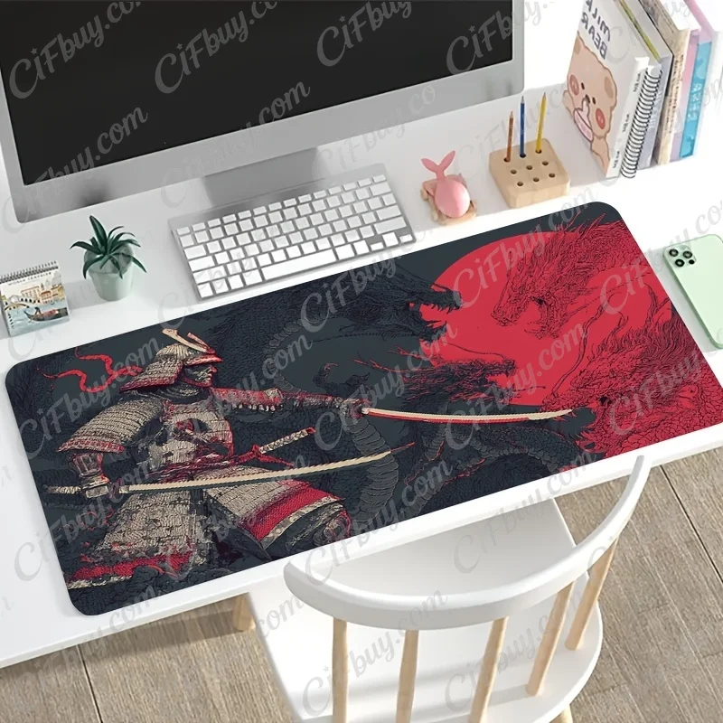 CIFbuy Large Samurai Armor Twin Dragon Red Moon Dark Style Gaming Mouse Pad Non Slip Washable Rubber Base Extended Desk Mat